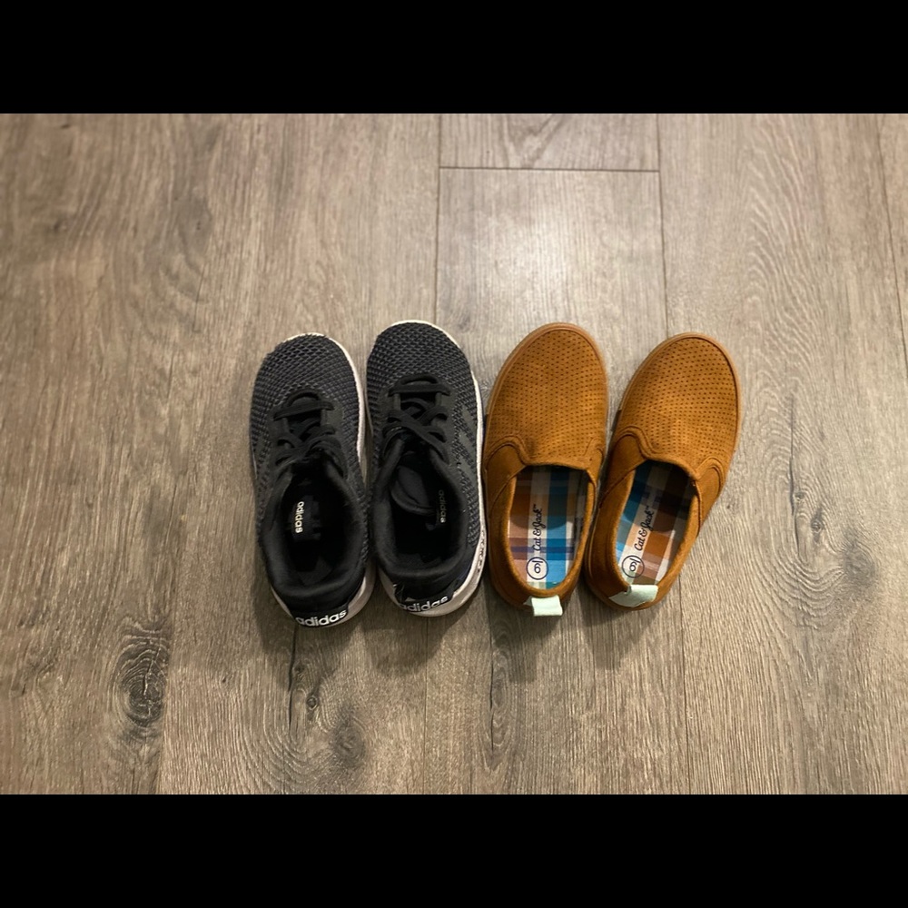 Black Adidas Sneakers & Tan Cat & Jack Slip Ons